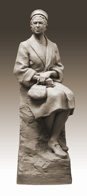 Daub and Firmin’s Rosa Parks in clay. The finished bronze sculpture, dedicated 23 days after Mrs. Parks’s 100th birthday, sits in the United States Capitol Statuary Hall. Credit: Eugene Daub.