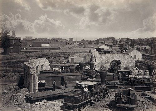 In 1866, photographer George N. Bernard captured the destruction of Atlanta in the Civil War, including the railroad roundhouse in ruins. Library of Congress Prints and Photographs Division.