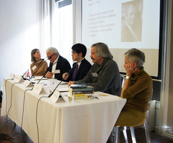 At the panel “History and Science,” from left: Deborah Coen, Stuart Firestein, Merlin Chowkwanyun, Joel Fry, and Erika Goldman.