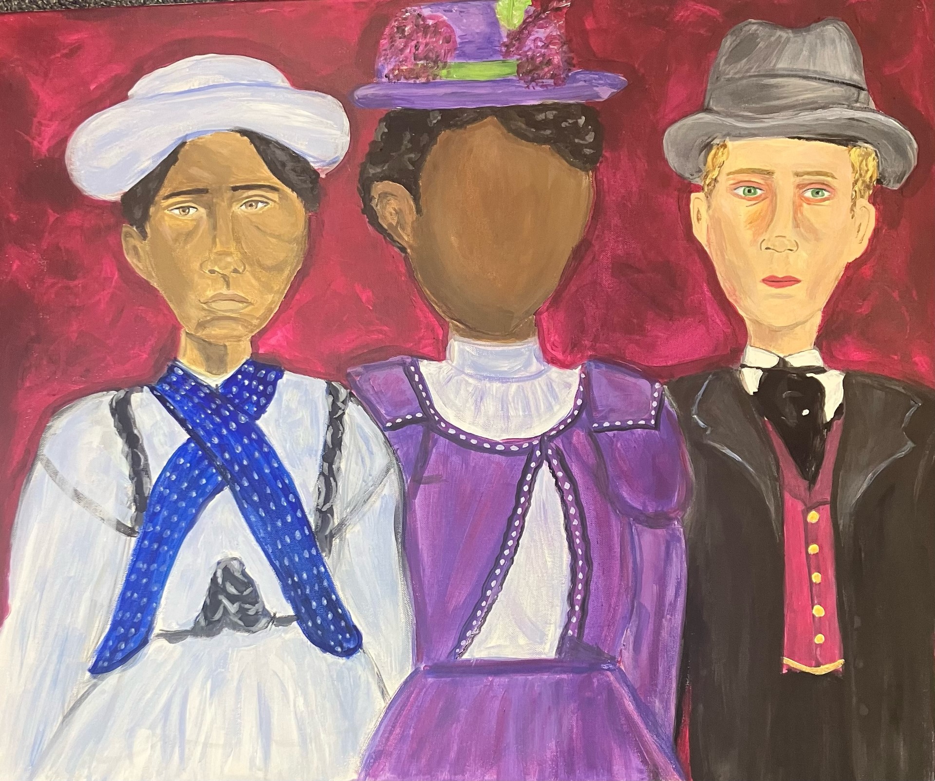 Painting of three trans individuals in 19th century clothing with the middle person faceless