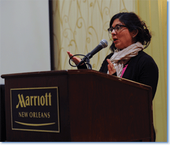 Laura Isabel Serna, 2012 co-chair of the Graduate and Early Career Committee, at the graduate student Open Forum, which took place at the 127th Annual Meeting in New Orleans on January 5, 2013. Photo by Marc Monaghan.