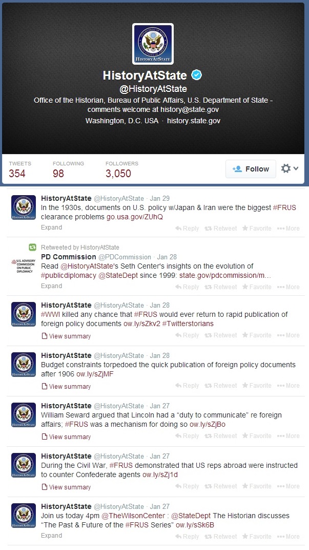 Tweets from the State Department’s Office of the Historian on the event at the Wilson Center and the FRUS series.