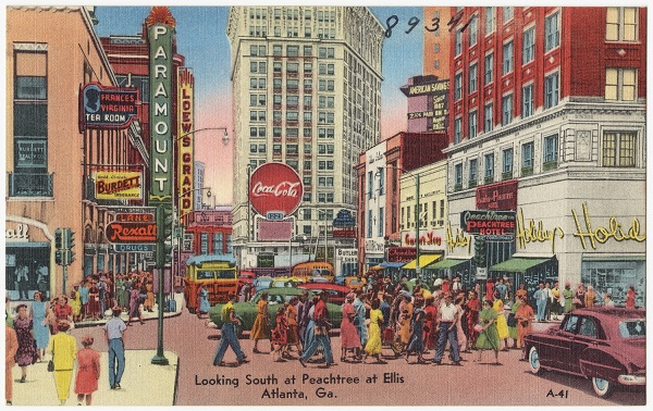 An old postcard with a drawing of downtown Atlanta.