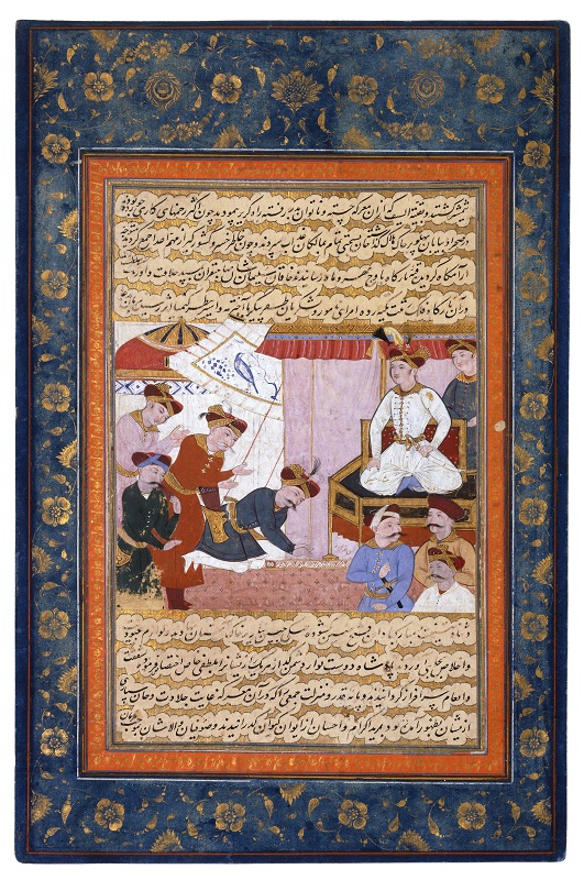 “Shah Ismail Holds an Audience,” a leaf from Tarikh-i Jahangusha-yi Khaqan Sahibqiran (A History of Shah   Ismail I) depicting the Qizilbash. The David Collection, Copenhagen (Inventory number 84/1980). Photographed by Pernille Klemp.