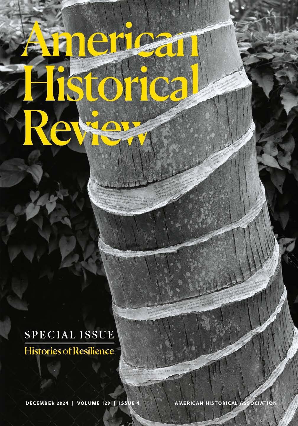 The image from <em>Forest</em>, on the cover of this “Histories of Resilience” special issue of the <em>AHR</em>, is part of a set of 16 large-format gelatin silver prints that capture temporary installations developed by the Singaporean-born artist Simryn Gill in the late 1990s. These installations involved grafting strands of pages from books and meticulously wrapping them onto trees and plants in tropical landscapes. With the project, Gill addressed issues around the decolonial and resilience, selecting English language works with colonial associations and former colonial military sites in Malaysia as the locations for her installations. Page fragments were intentionally left to decay and return to the raw fibrous material from which books are made. In exploring the epigones of empire in postcolonial Southeast Asia, Gill uncovers how the English language was used as a colonial tool for exploiting natural resources and fostering inequalities. But she also suggests that, in the end, the language forced on colonial subjects was overwhelmed by the resilience of local ecosystems.